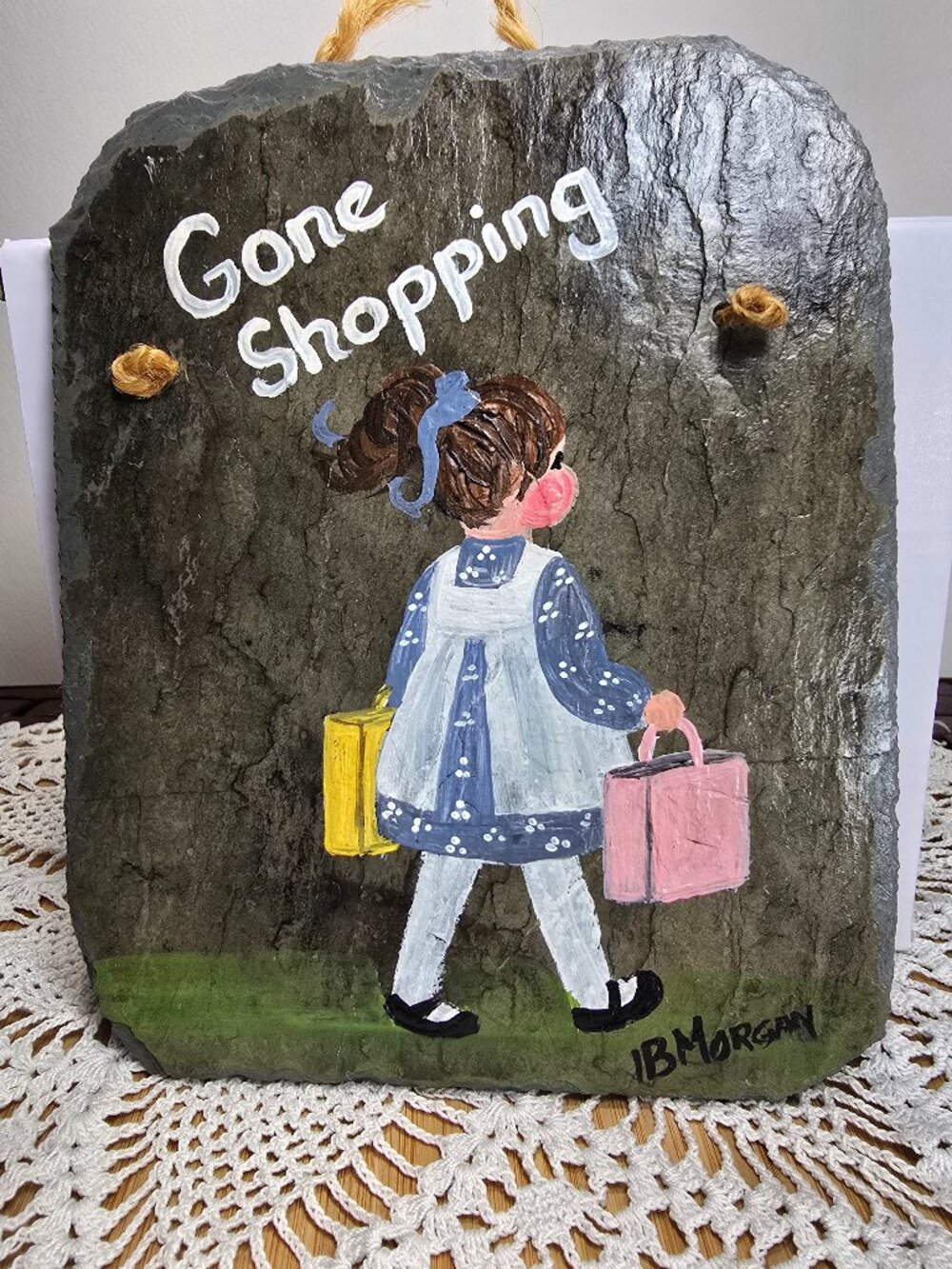 Handcrafted Slate Scene of a Girl with Shopping Bags "Gone Shopping" Cute Signed